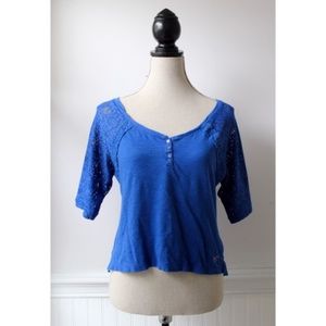 Hollister Blue Button Henley Top with Lace Sleeves Size Small